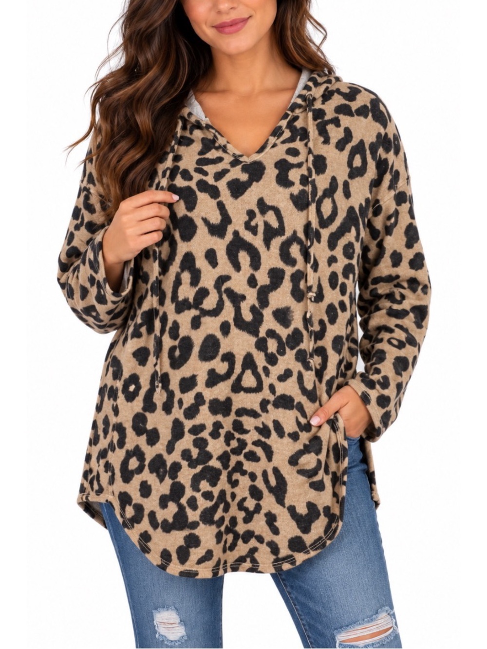 BomBom Leopard Print Hooded Knit Tunic- Medium